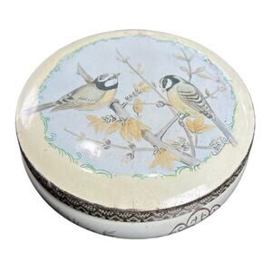 Vtg Meister Round Decorative Tin- Two Birds- Beige light blue some wear 5x3"